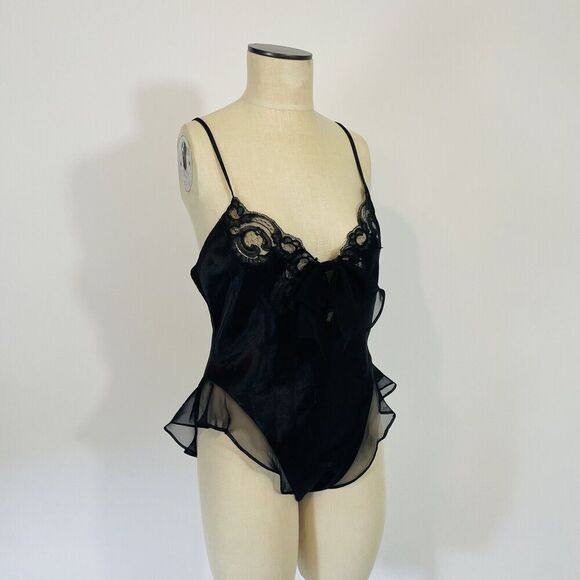 Vintage Other - Vintage Josie Lingerie Satin Bodysuit Women's Size Medium Black Lace Bow
